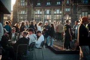 Besucher einer Veranstaltung stehen auf einer Terrasse und unterhalten sich.